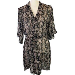 Forever 21 Robe Baroque Pattern Black Tan Ribbon Ruffle Hem Elbow Sleeves Size S